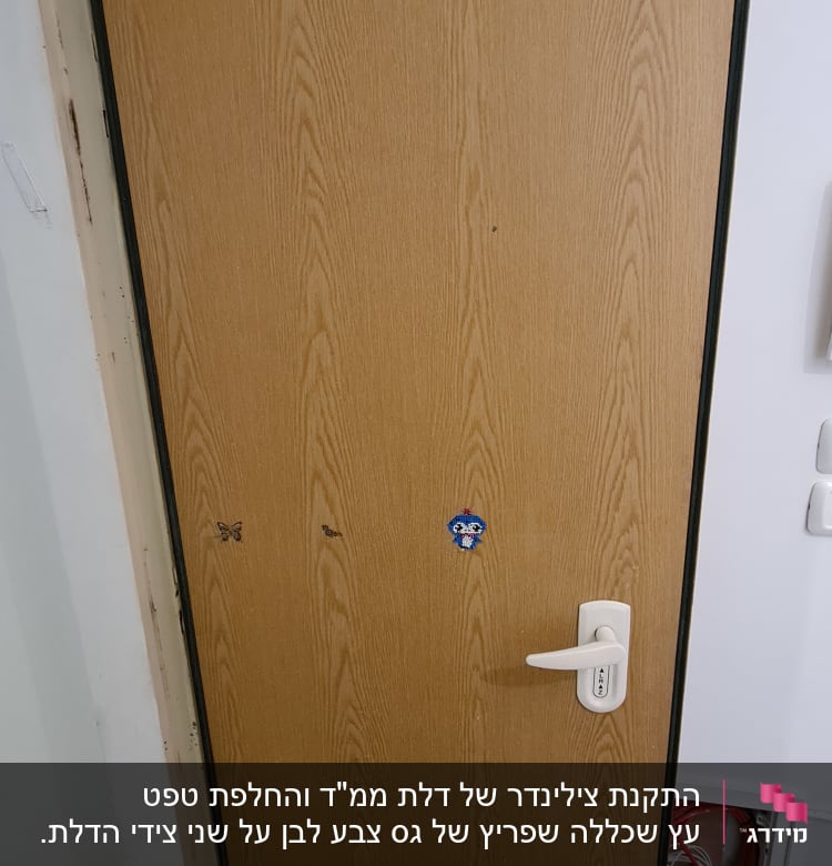 דלת עץ עם ידית לבנה ומסגרת שחורה